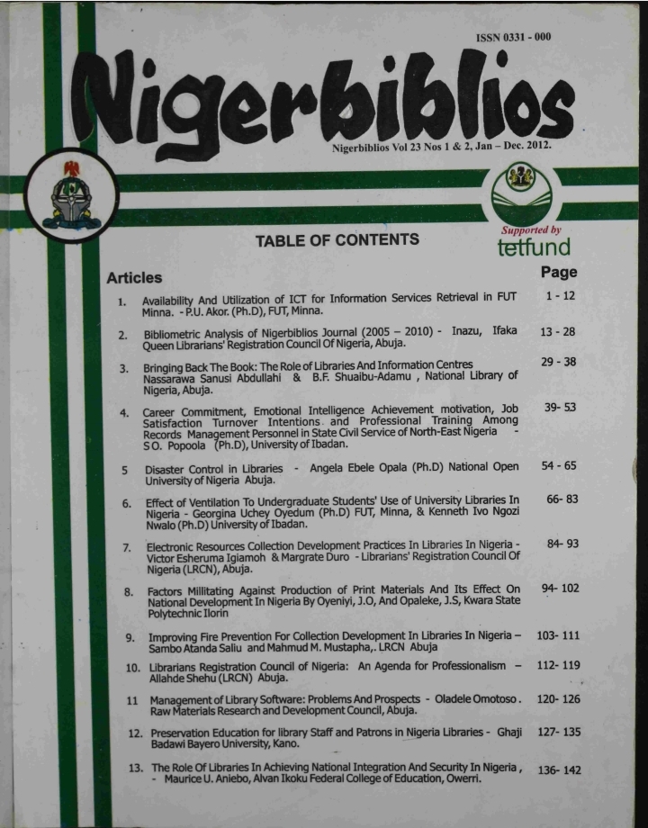 					View Vol. 24 No. 1&2 (2012): NIGERBIBLIOS
				