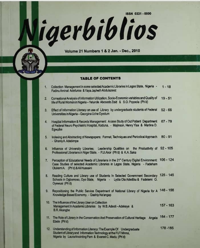 					View Vol. 21 No. 1&2 Jan. - Dec (2010): NIGERBIBLIOS
				