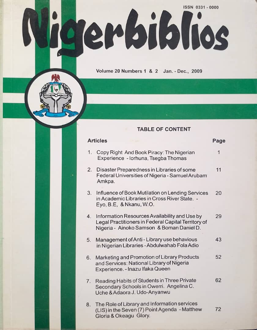 					View Vol. 20 No. 1&2 Jan. - Dec (2009): NIGERBIBLIOS
				