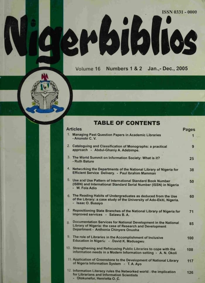 					View Vol. 16 No. 1&2 Jan. - Dec (2005): NIGERBIBLIOS
				